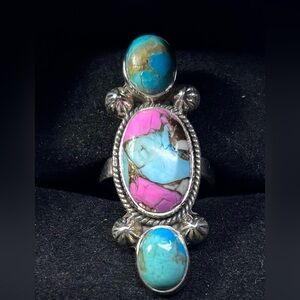 💖 Pink & Blue Dalia Turquoise Statement Ring – Sterling Silver 💖 Size 6